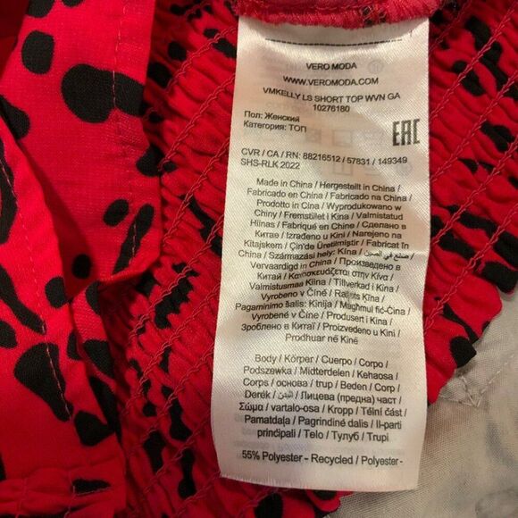 Vero Moda Red Black Print Twist Front Long Sleeve Cropped Top Large - Picture 11 of 12